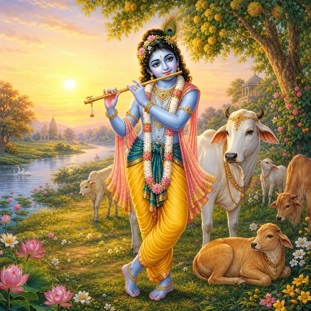 Lord Śrī Kṛṣṇa plays the flute among cows in Vṛndāvana