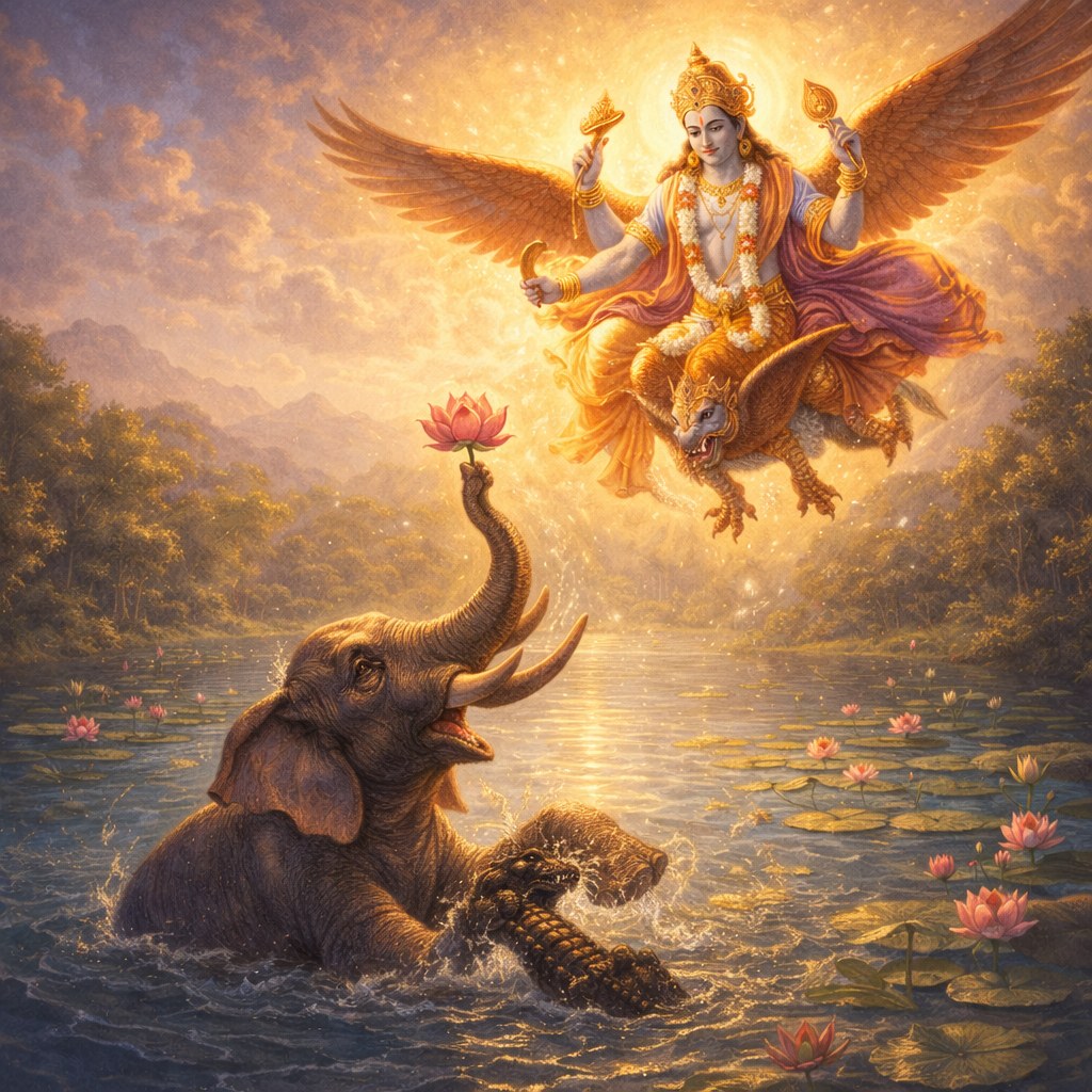 Gajendra‑mokṣa‑līlā — Lord Nārāyaṇa on Garuḍa rescues Gajendra from the crocodile