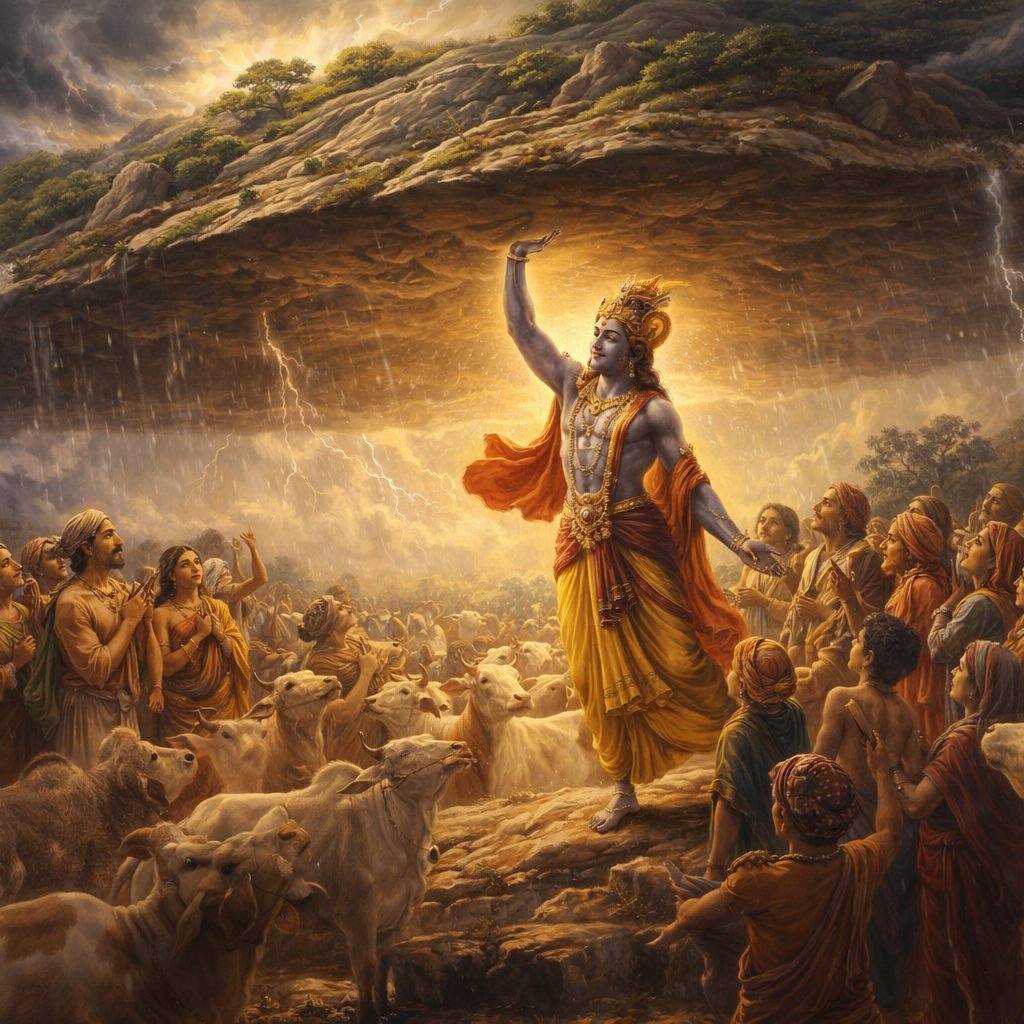 Govardhana-dhāraṇa-līlā — Śrī Kṛṣṇa protects Vraja by lifting Govardhana Hill