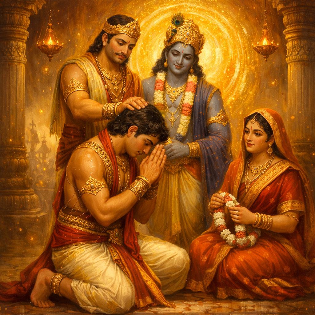 Abhimanyu receives blessings from elders, Krishna stands nearby — enlarged view