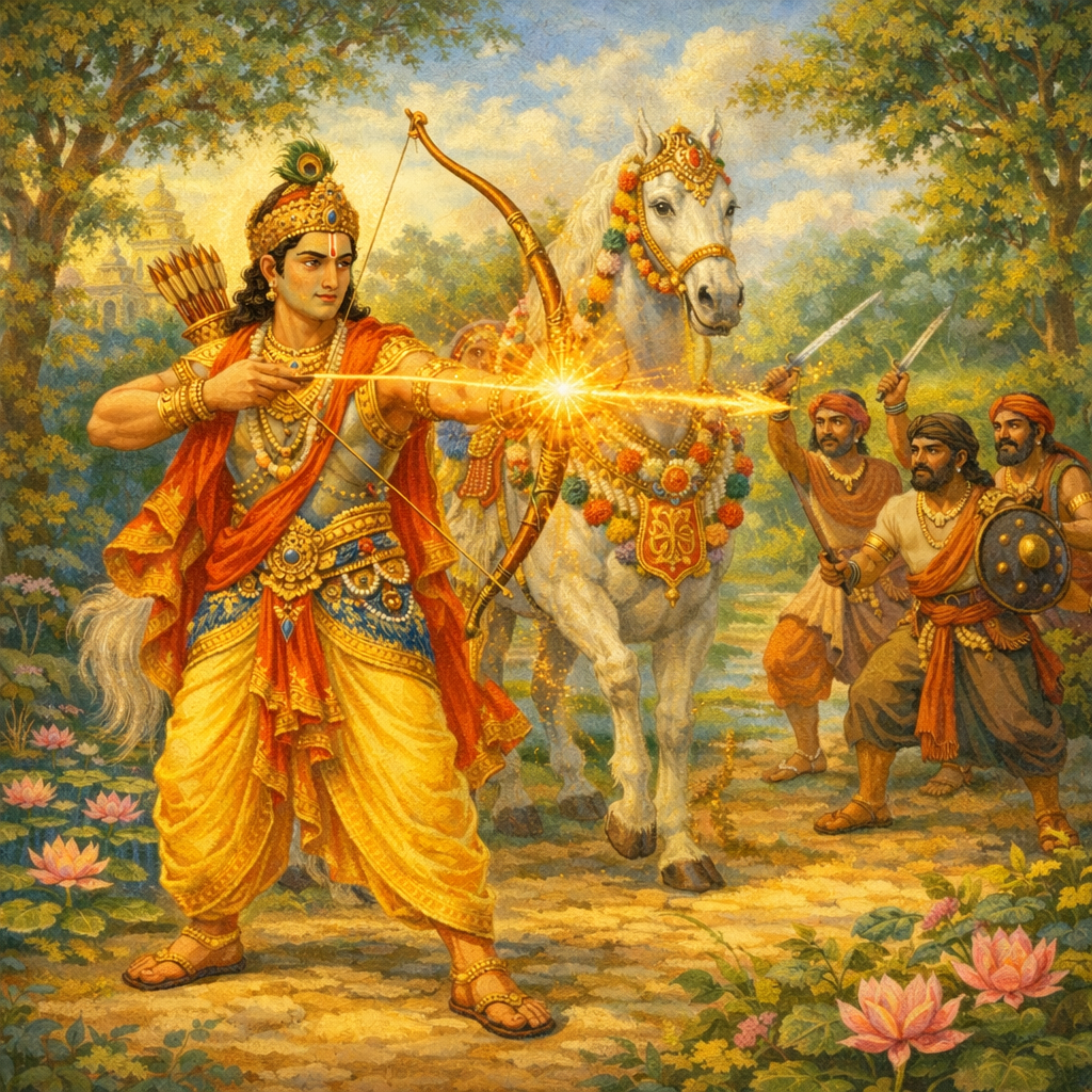 Arjuna saves the horses — a protective astra — enlarged view