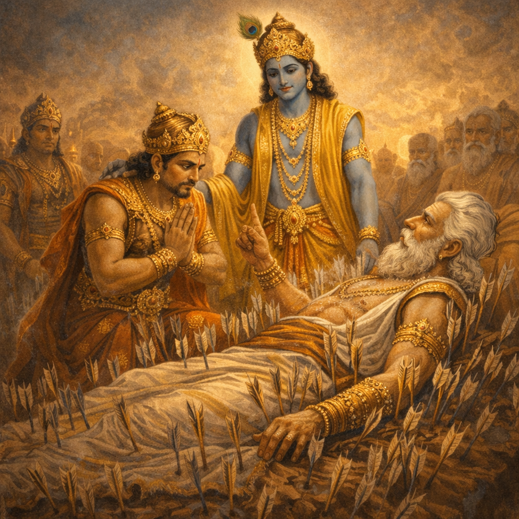 Bhīṣma on the bed of arrows receives the Lord’s presence — enlarged view