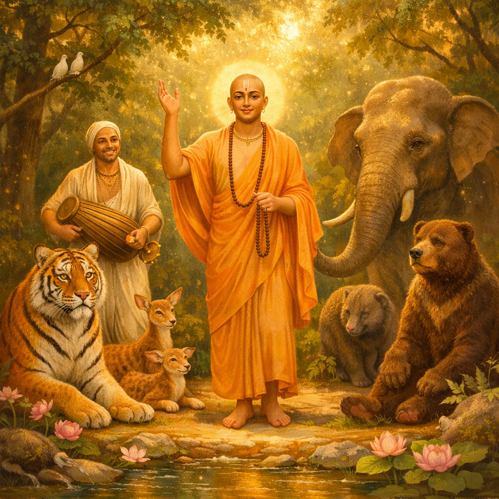 Lord Chaitanya in the Jhārikhaṇḍa Forest — the Holy Name brings harmony — enlarged view