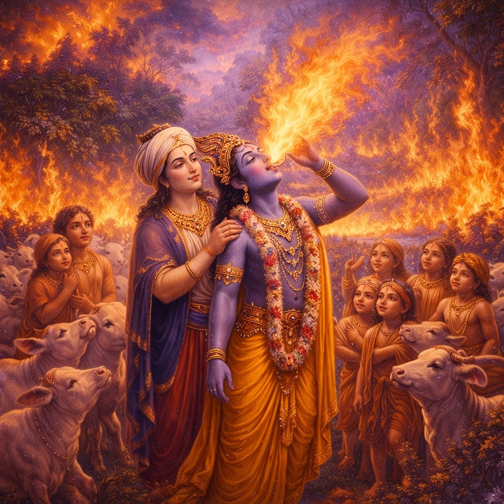Dāvāgni‑pāna‑līlā — Śrī Kṛṣṇa drinks the forest fire and protects Vraja — enlarged view