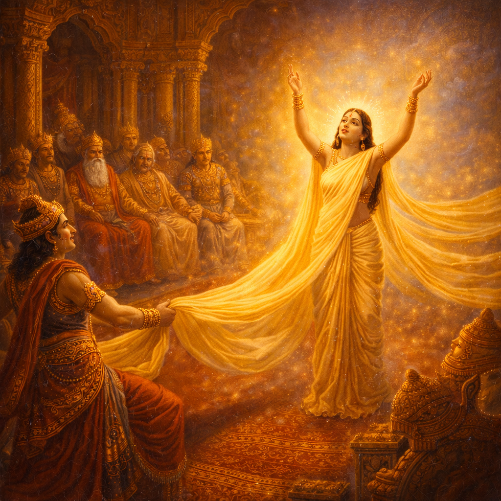 Draupadī-rakṣā-līlā — Śrī Kṛṣṇa protects Draupadī in the sabhā