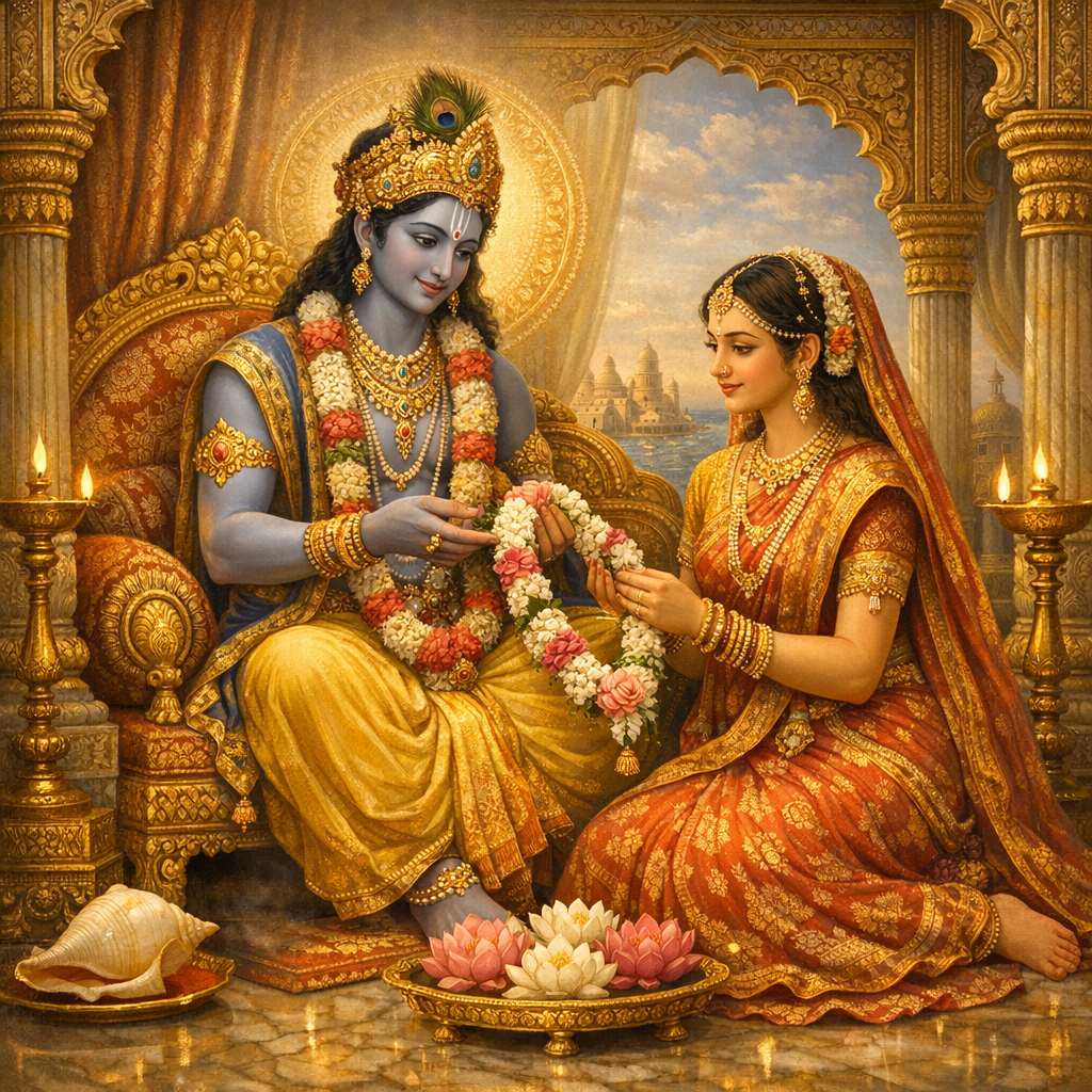 Dvārakā‑dhāma‑līlā: Kṛṣṇa with Rukmiṇī in the palace — enlarged view