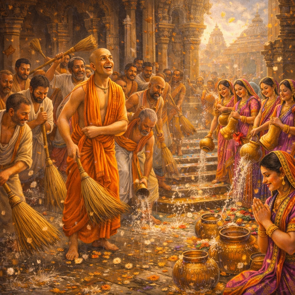 Guṇḍicā–mārjana-līlā — Mahāprabhu cleanses the Guṇḍicā temple (enlarged view)