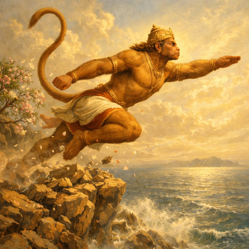 Hanuman’s Great Leap to Lanka — the devotee’s impossible service made possible by devotion — enlarged view