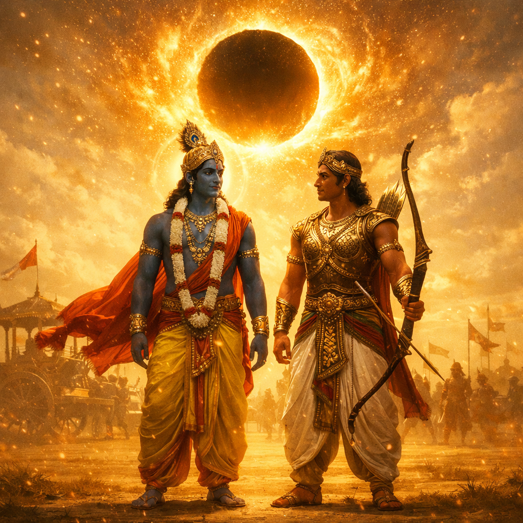 Krishna and Arjuna on Kurukshetra — the divine false sunset, Lord as charioteer