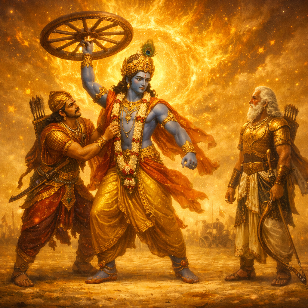 Krishna's vow on the battlefield — Arjuna restrains the Lord — enlarged view