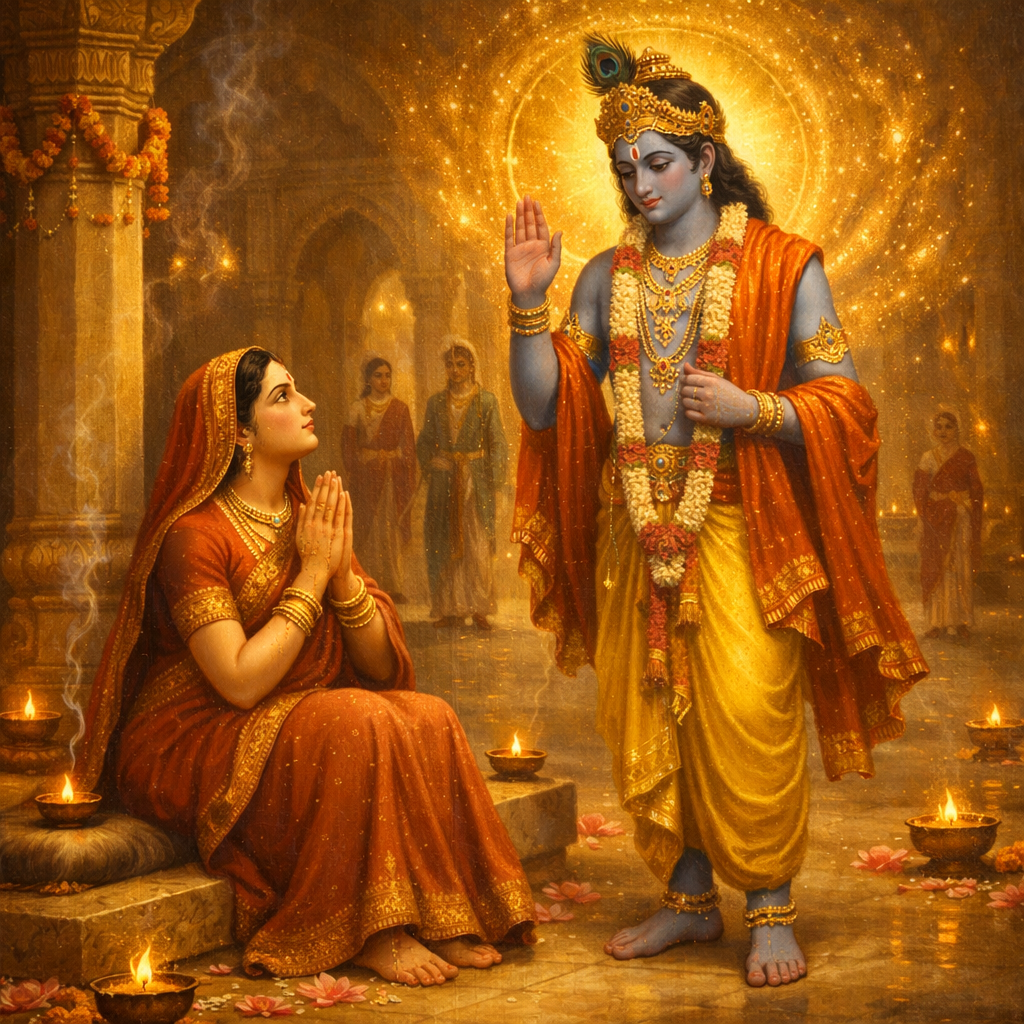Krishna comforts Kunti — mercy and guidance in the royal palace — enlarged view