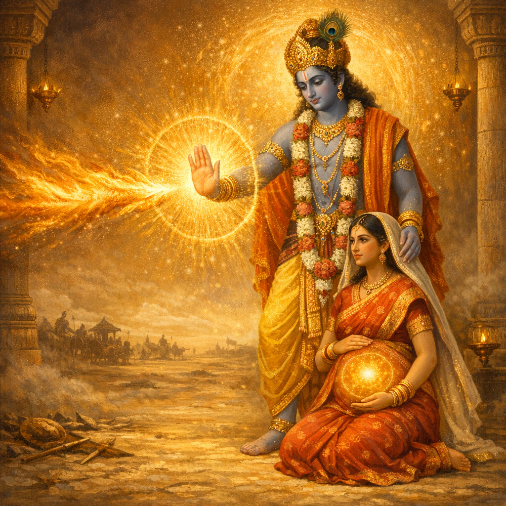 Krishna protects Uttara and the unborn Parikshit — divine shield of mercy — enlarged view