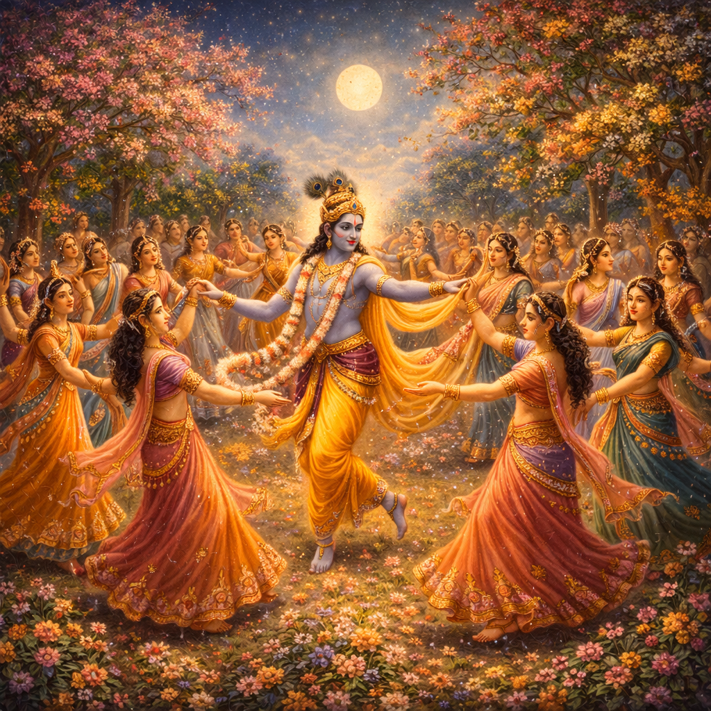 Rāsa‑līlā — Śrī Kṛṣṇa dances with the gopīs in the moonlit forest of Vṛndāvana