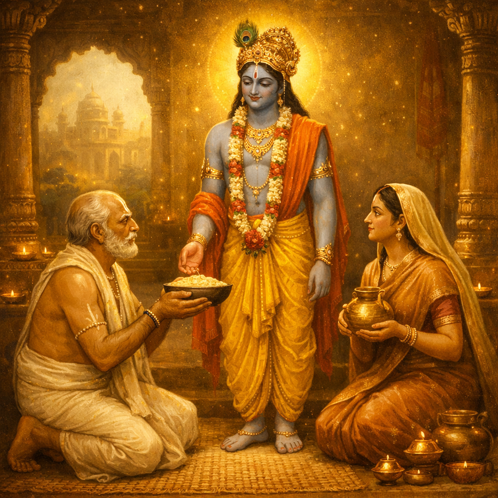 Krishna accepts Vidura’s simple hospitality — enlarged view