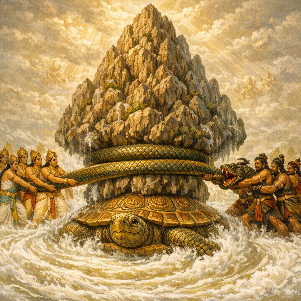 Lord Kūrma supports Mandara Mountain — enlarged view