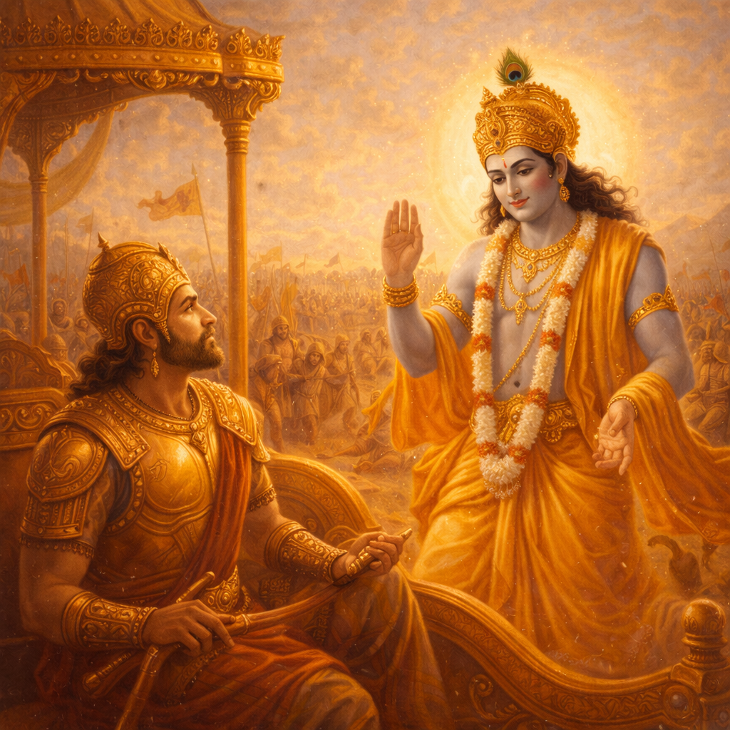 Kurukṣetra‑līlā — Śrī Kṛṣṇa as Arjuna's charioteer and teacher on the battlefield of Kurukṣetra