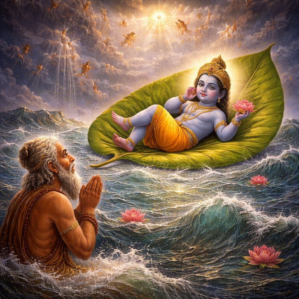 Mārkaṇḍeya-darśana-līlā — Baby Nārāyaṇa on the banyan leaf (pralaya vision)