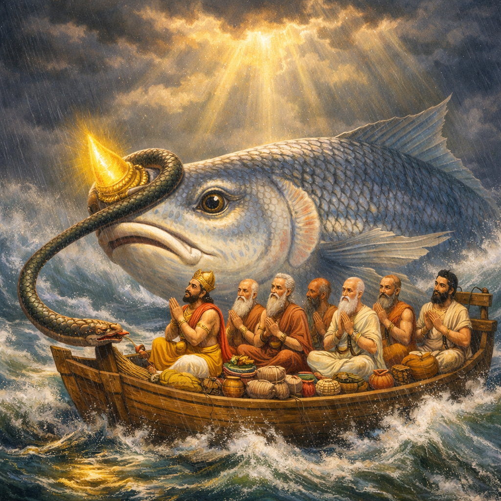 Lord Matsya saves Satyavrata Manu — enlarged view