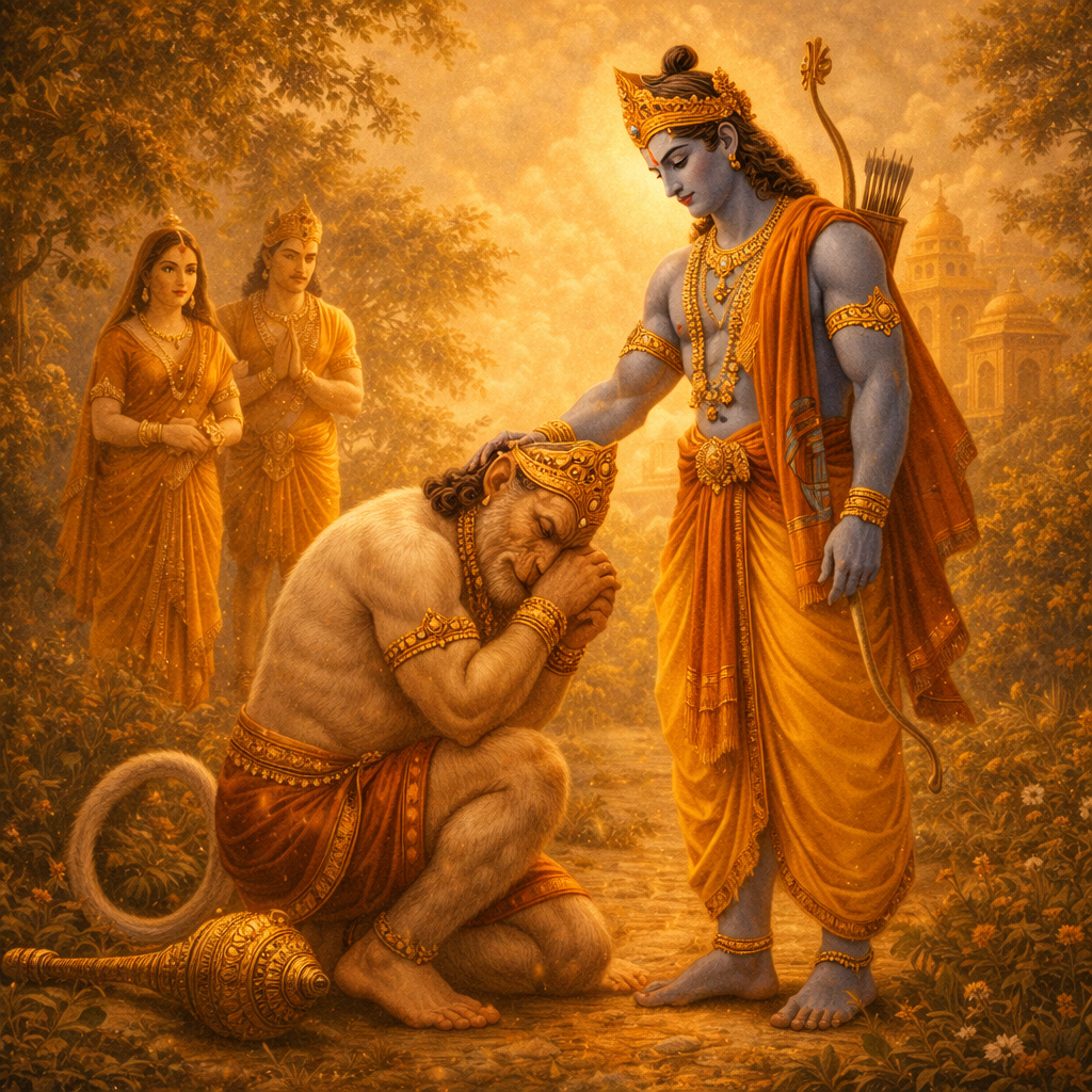 Rama blesses Hanuman — the Lord honors His devoted servant