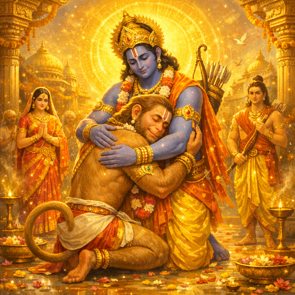 Lord Rāma embraces Hanumān — enlarged view