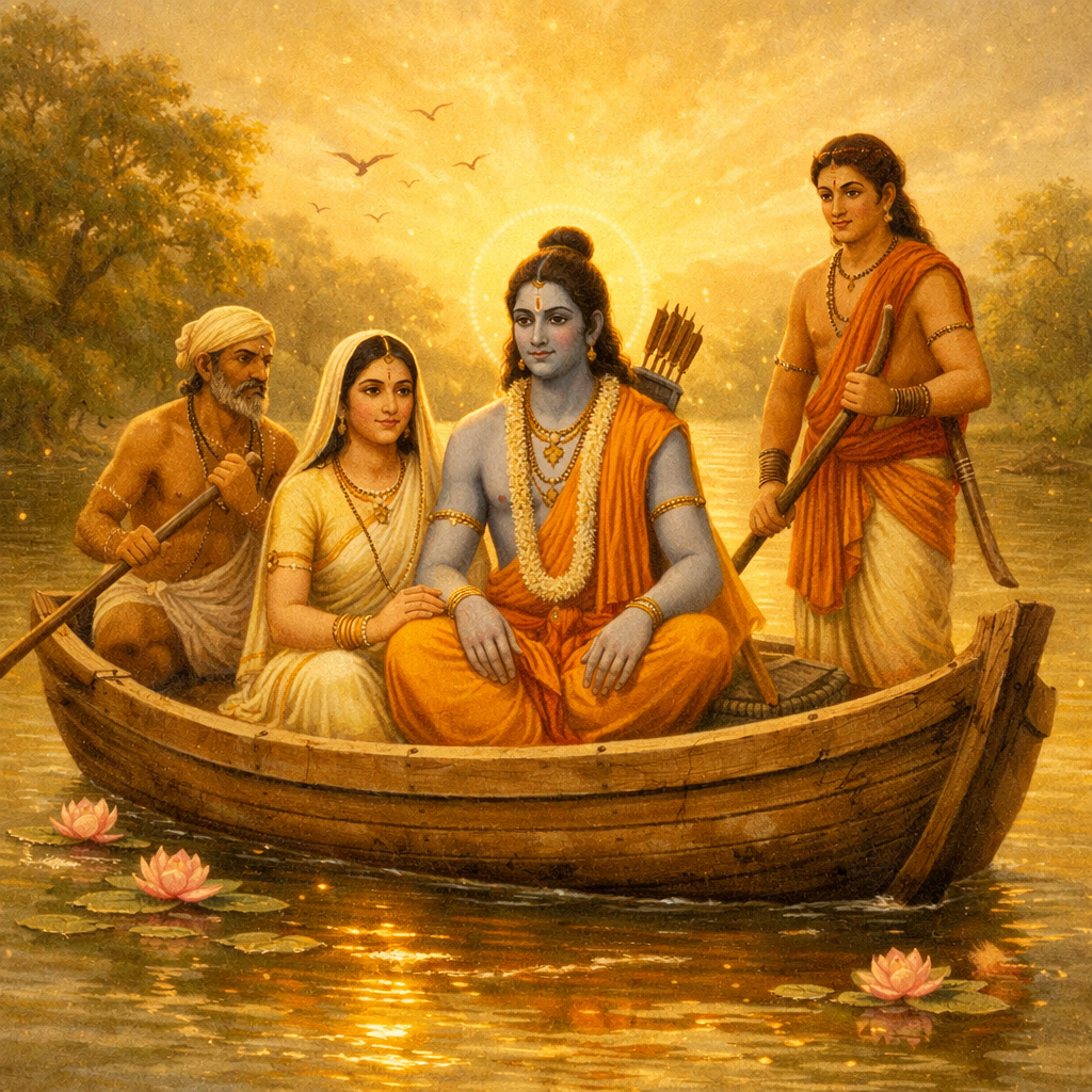 Rama, Sita and Lakshmana cross the Ganga — enlarged darśanam