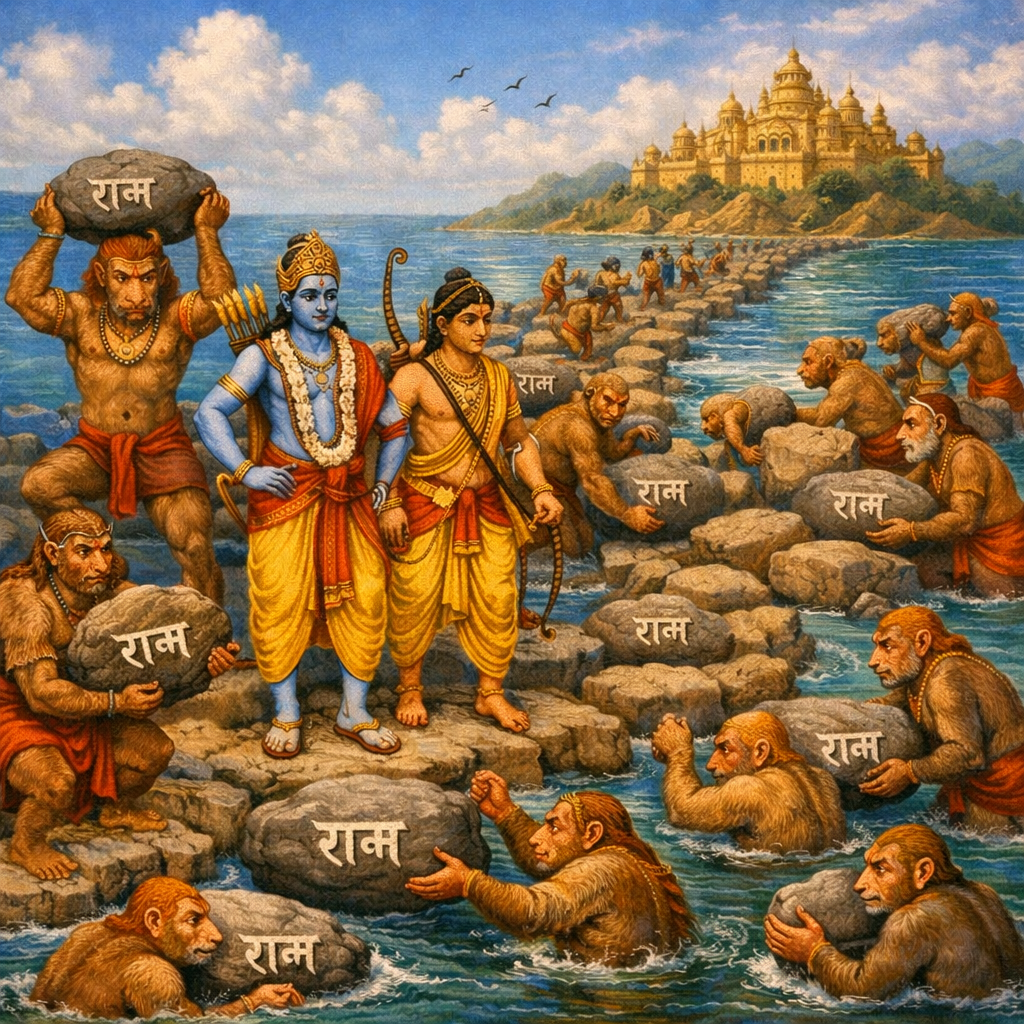 Setu‑bandhana‑līlā — Lord Rāma builds the bridge to Laṅkā — enlarged view