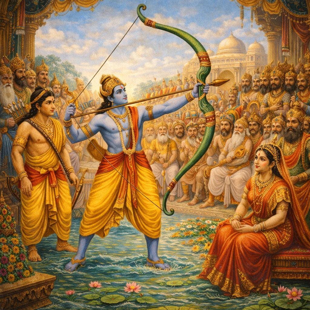 Rāma strings Śiva’s bow at Sītā’s svayaṁvara — enlarged view