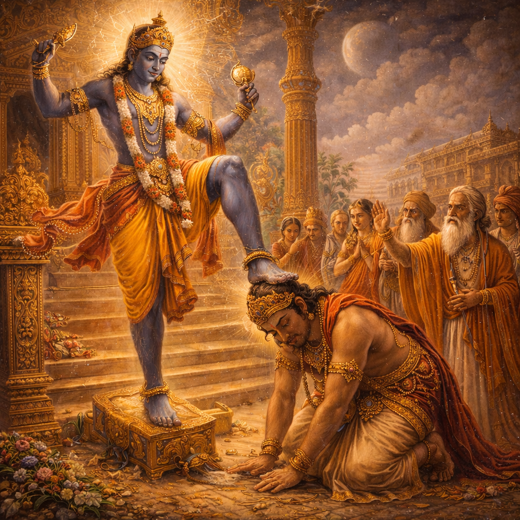 Vāmana–Trivikrama līlā — Bali Mahārāja's surrender — enlarged view