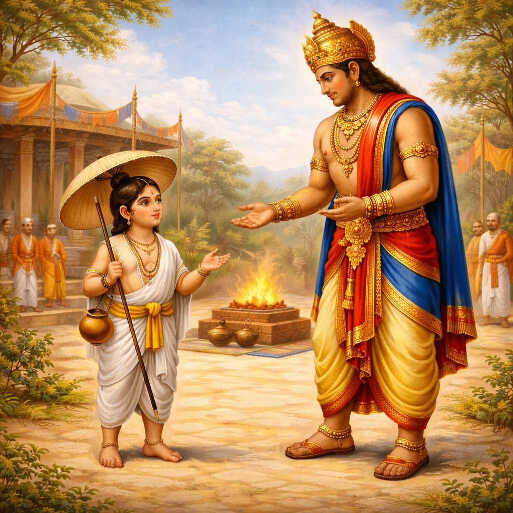 Vamanadeva asks Bali Maharaja for three steps of land — enlarged view