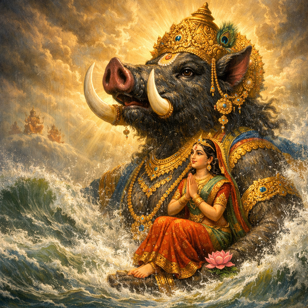 Lord Varaha rescues Mother Earth from the cosmic waters — enlarged view