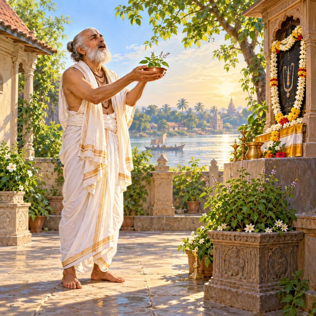 Advaita Acharya in white Vaishnava clothing offers water and tulasi while calling to Krishna in prayer beside a bright courtyard and the Ganges