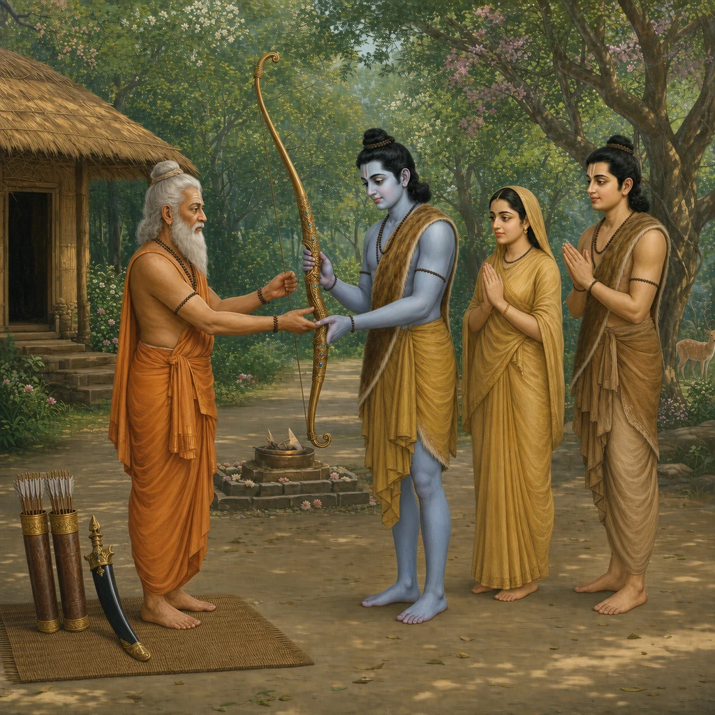 Agastya Muni presents Viṣṇu’s bow to Lord Rama while Sita and Lakshmana stand with joined palms in the forest hermitage — enlarged view