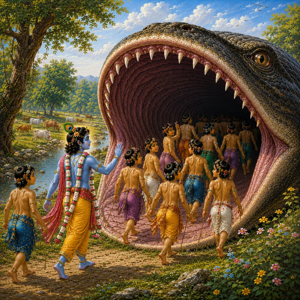 Aghasura-lila — Lord Krishna enters the demon’s mouth to save the cowherd boys — enlarged view