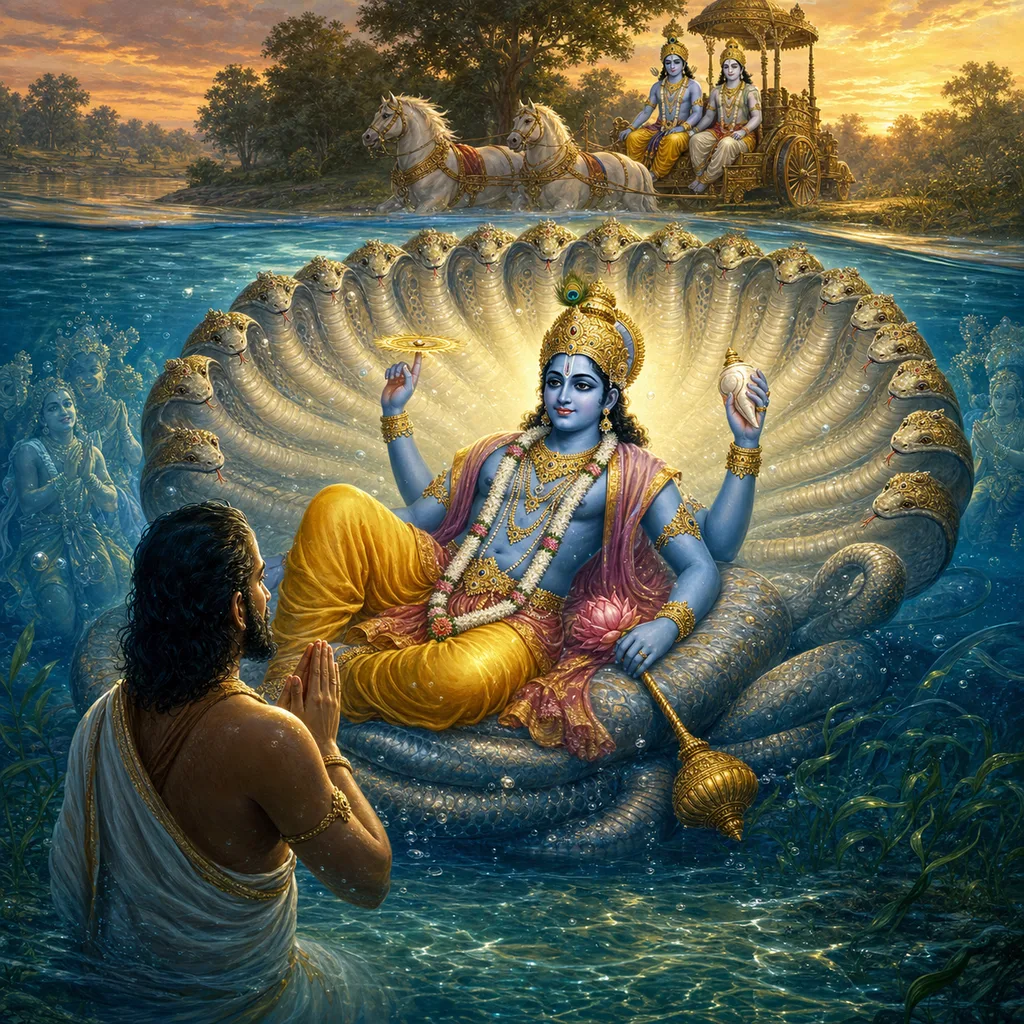 Akrura beholds Lord Vasudeva upon Ananta Sesha in the Yamuna — enlarged view