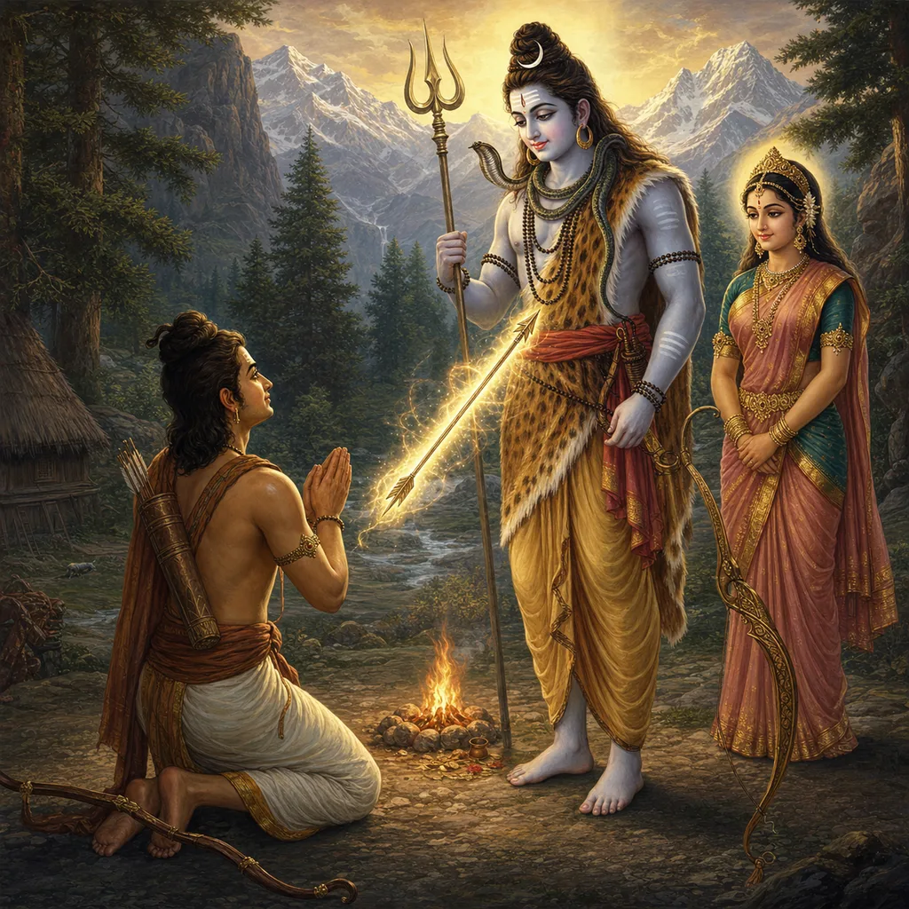 Arjuna receives the Pāśupatāstra from Lord Shiva — enlarged view