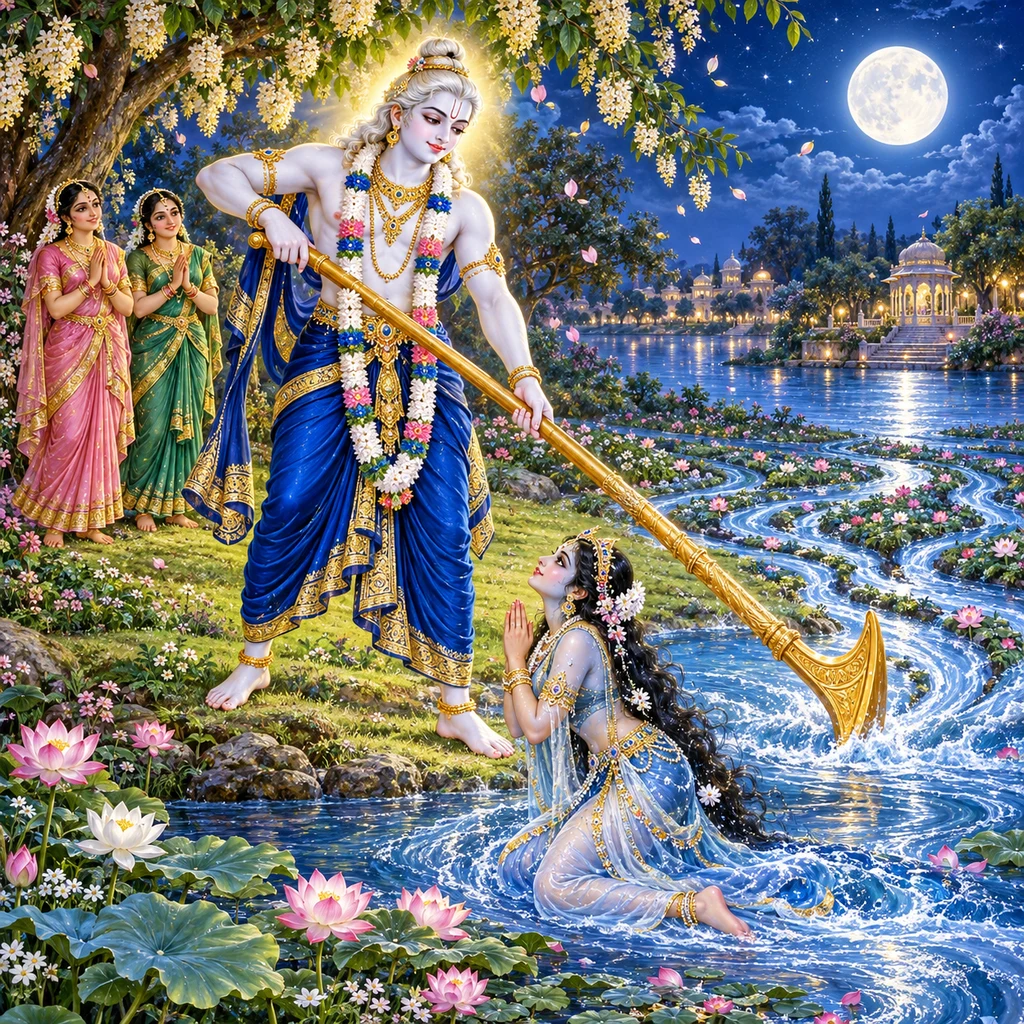 Two-armed Lord Balarāma draws the Yamunā with His plow while Yamunā-devī bows at His feet in a moonlit Vṛndāvana garden