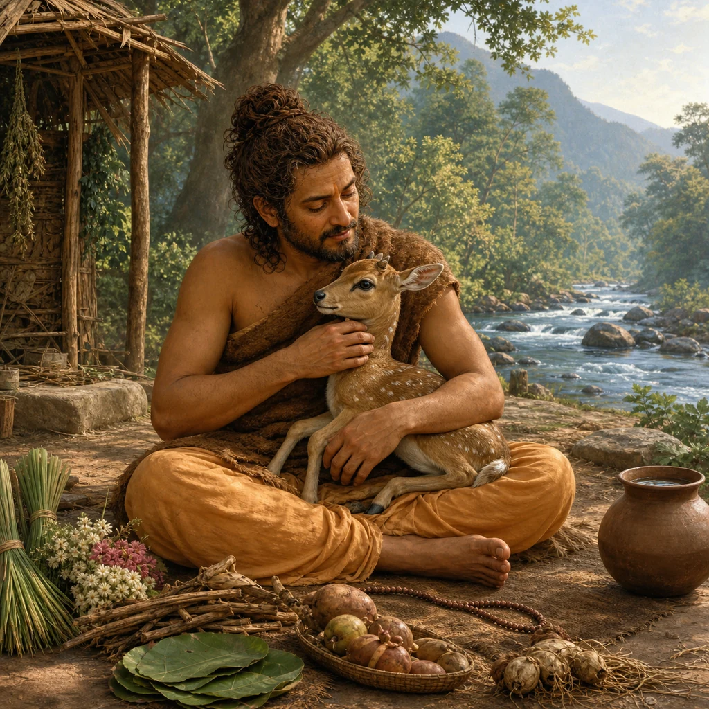 The renounced Bharata Maharaja lovingly holds the orphaned deer calf at Pulaha-ashrama — enlarged view