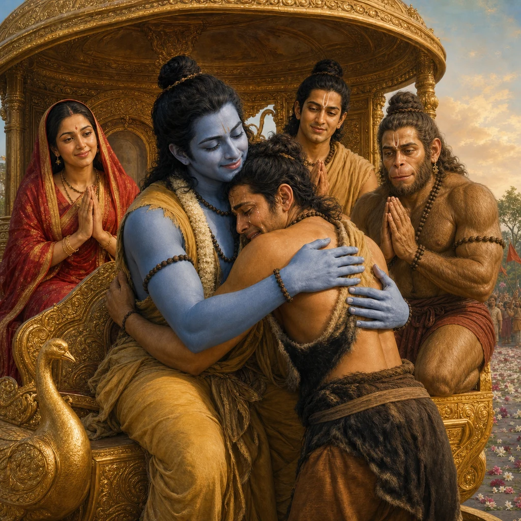 Lord Rama lifts and embraces the fasting Bharata on the landed Pushpaka at Nandigrama — enlarged view