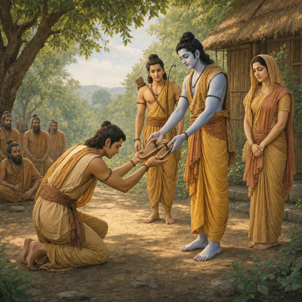 Bharata kneels at Chitrakuta and receives Lord Rama’s gold-adorned wooden sandals — enlarged view