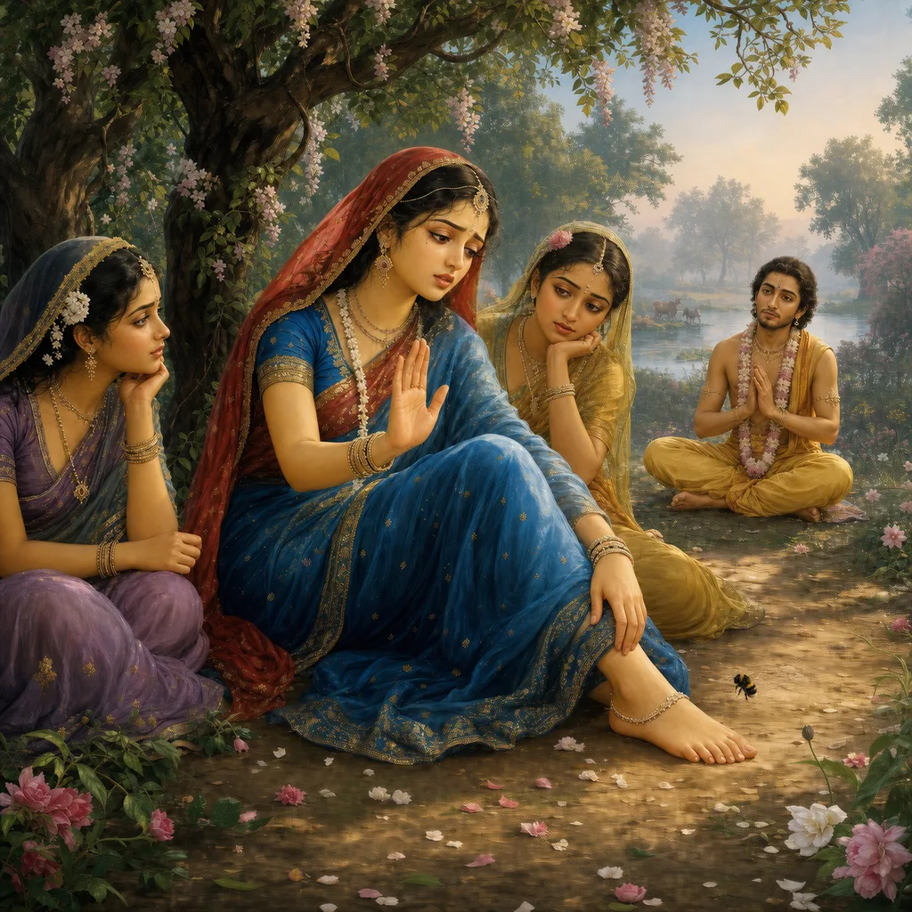 Śrīmatī Rādhārāṇī addresses a bumblebee in separation from Krishna while the gopīs and Uddhava listen — enlarged view