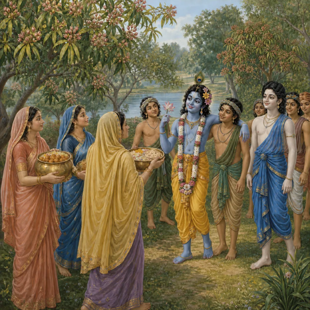 The brāhmaṇas’ wives approach Kṛṣṇa, Balarāma and the cowherd boys beside the Yamunā with vessels of food — enlarged view