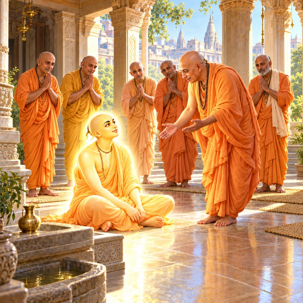 Radiant Śrī Caitanya Mahāprabhu sits beside the foot-washing place as Prakāśānanda Sarasvatī and the sannyāsīs of Vārāṇasī rise before Him with respect