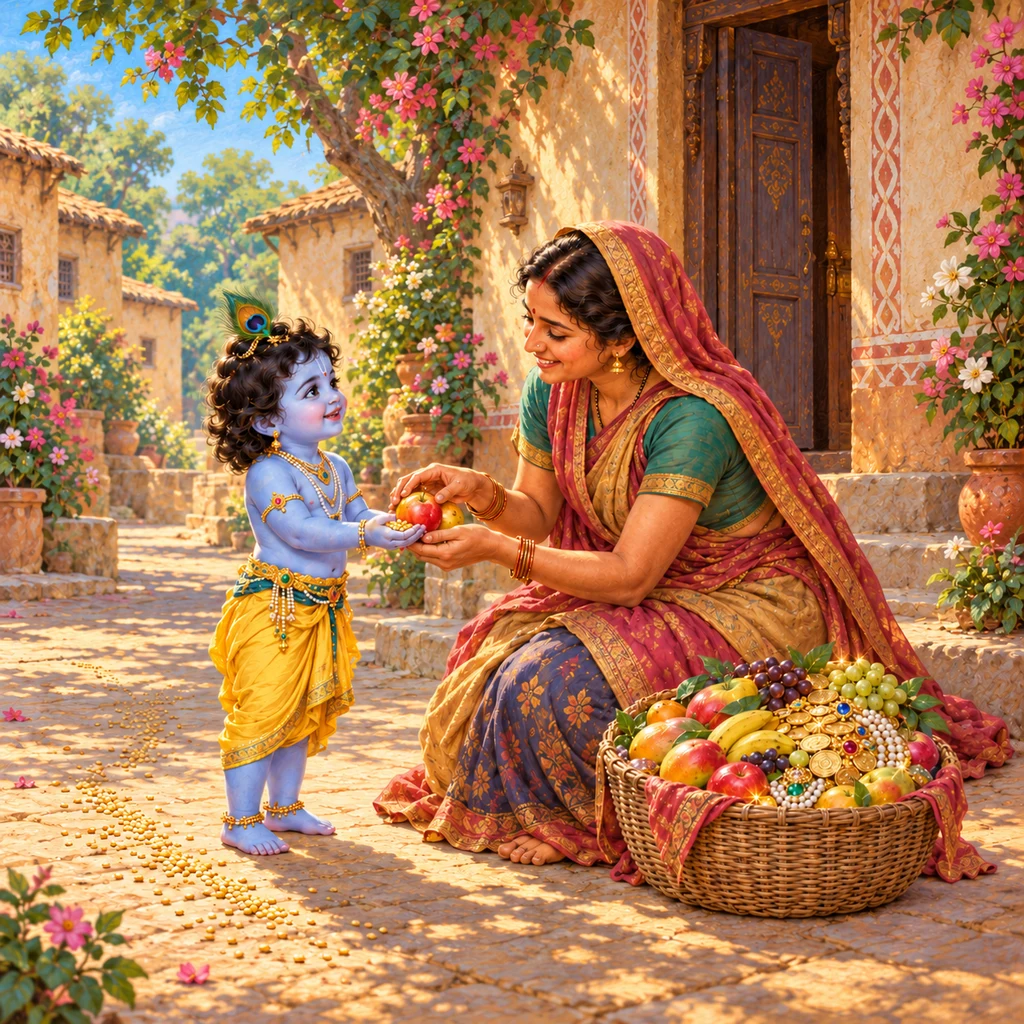 Child Kṛṣṇa offers His remaining grains to the fruit vendor, who lovingly fills His hands with fruit as her basket fills with gold and jewels