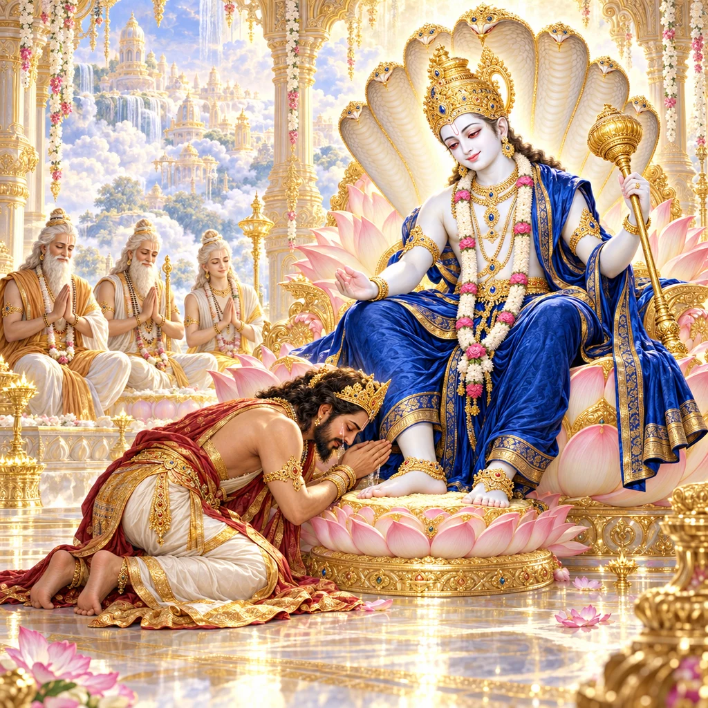 White-complexioned Lord Anantadeva in blue garments reveals Himself to King Citraketu, who bows at His lotus feet with tears of love
