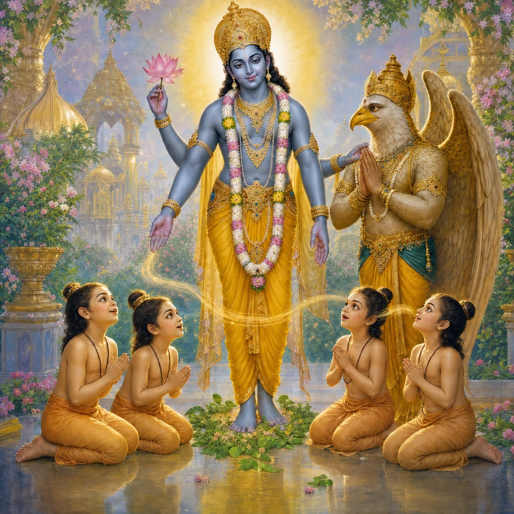 The four child sages receive the tulasi fragrance from Lord Narayana’s lotus feet in Vaikuntha — enlarged view