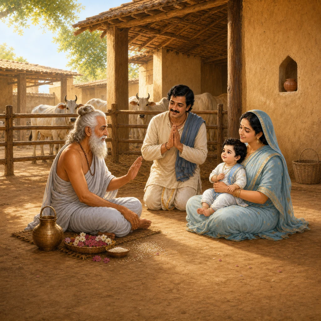 Garga Muni blesses fair-complexioned, black-haired infant Lord Balarama in Rohini’s arms while Nanda Maharaja offers respects — enlarged view