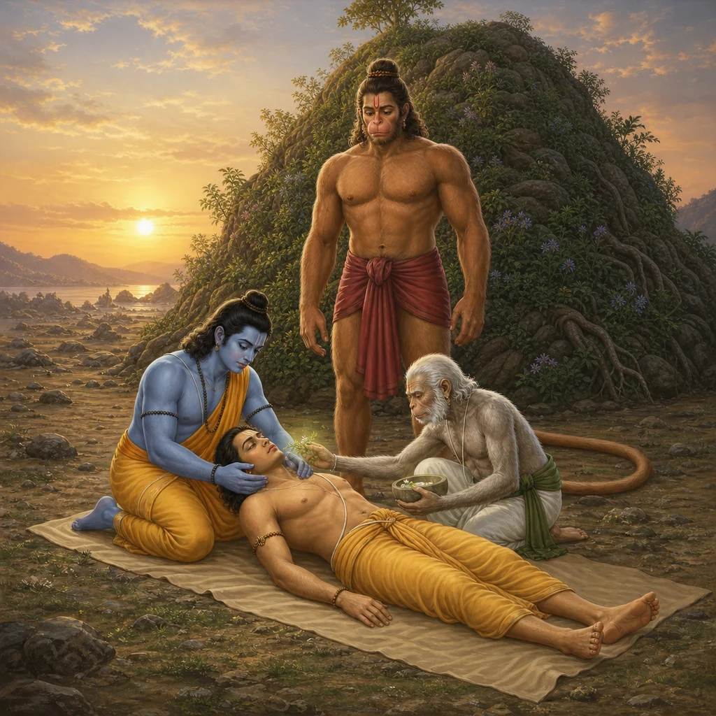 Hanuman stands beside the mountain peak while Sushena treats Lakshmana and Lord Rama supports him — enlarged view