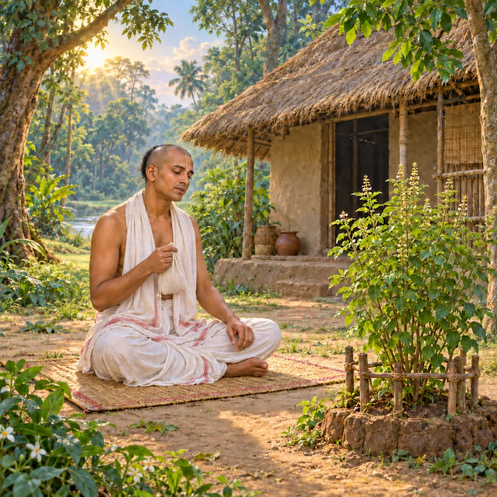 Haridāsa Ṭhākura chants the Holy Name before tulasī