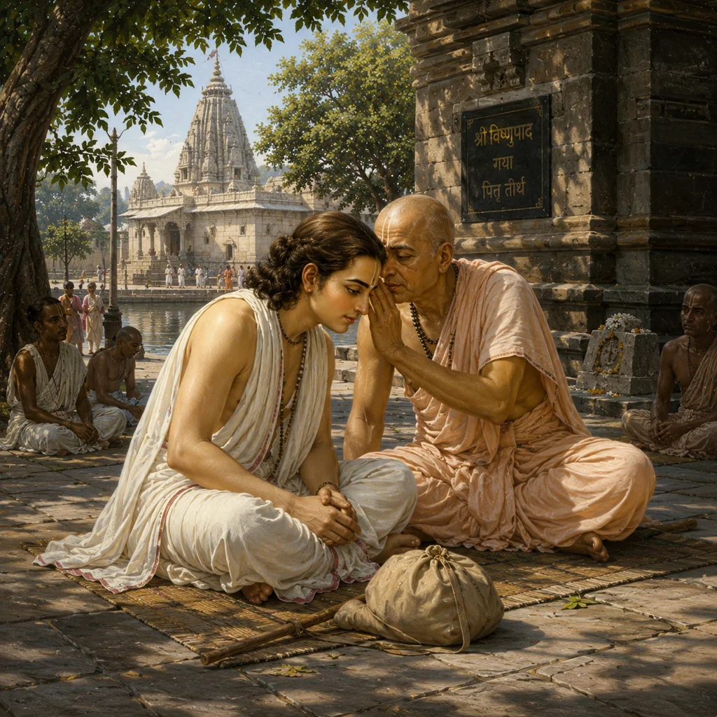 Isvara Puri bestows mercy upon Lord Caitanya at Gaya — enlarged view