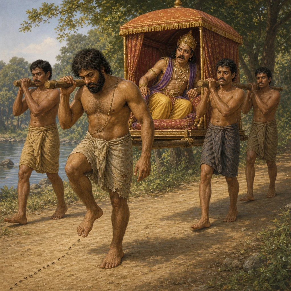 Jada Bharata carefully lifts his foot over ants while carrying King Rahugana’s palanquin — enlarged view